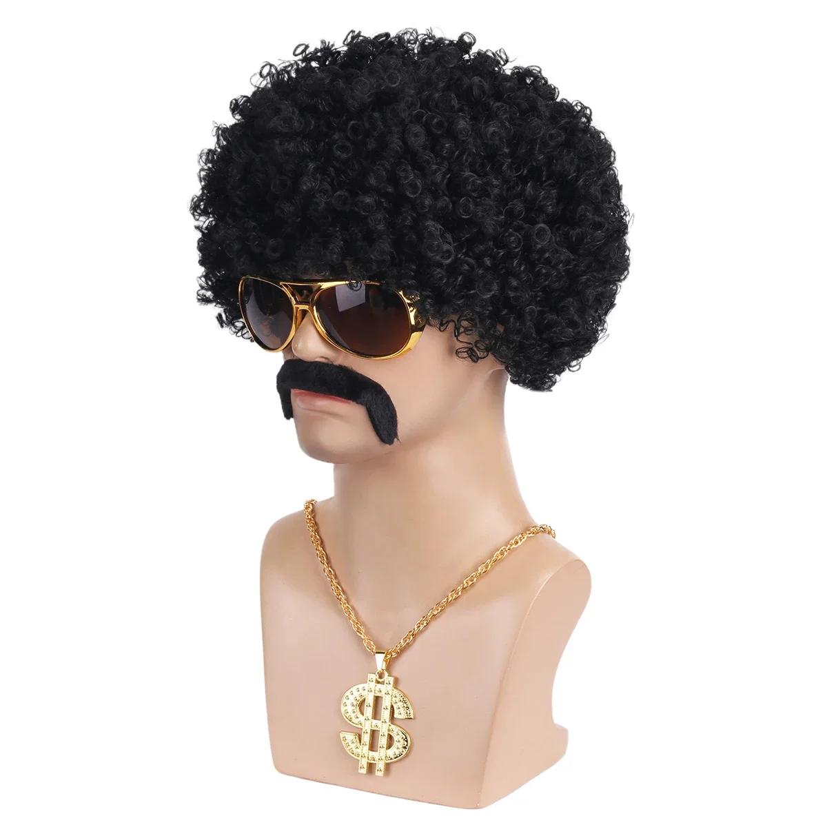 men's natural fluffy short curly African men's synthetic wig 4-piece set {wig+glasses+necklace+beard} 70s 80s disco costume wig