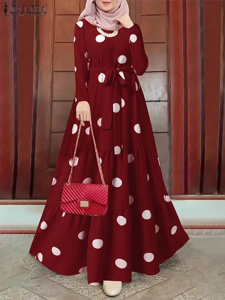 ZANZEA Vintage Polka Dot Printed Mulsim Sundress Fashion Hijab Women\'s Dress Casual Robe Maxi Dress Islamic Clothing Oversize