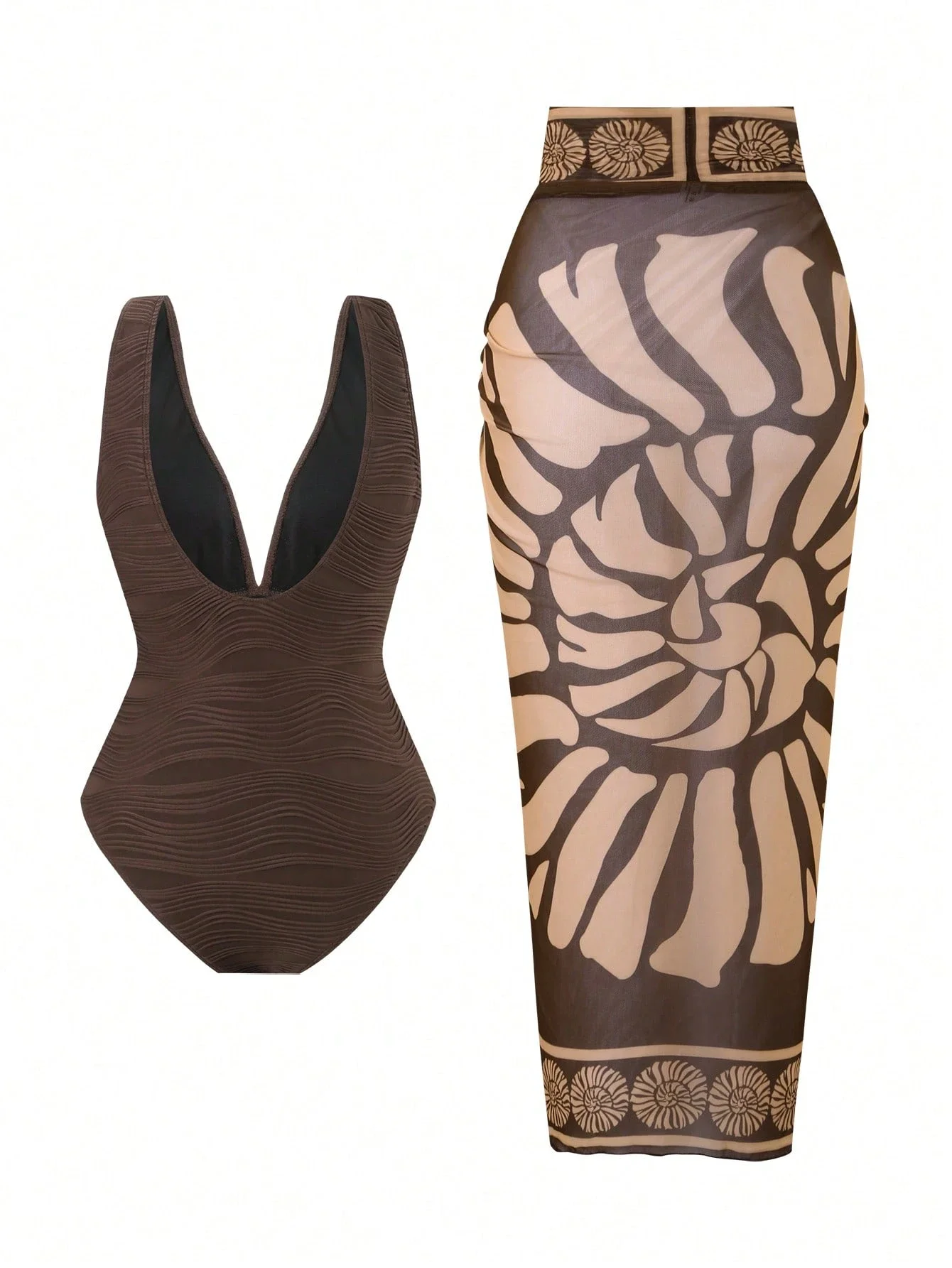 

Brown Textured One-Piece V-Neck Swimsuit Paired With Floral Print Mesh Cover-Up Skirt For Summer Beach Holiday