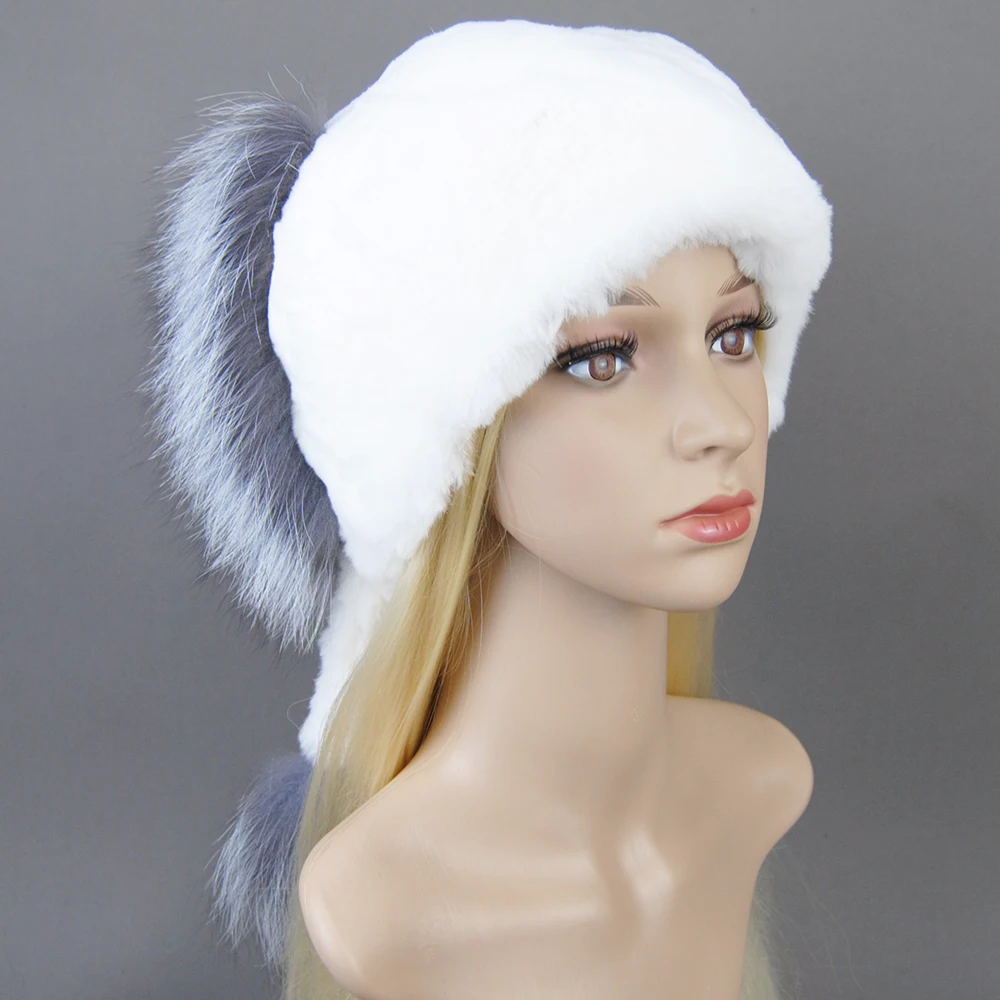 Russia New Style Women Real Genuine Fox Fur Beanies Hat Girls Natural Real Rex Rabbit Fur Skullies Cap Knit Winter Real Fur Hats