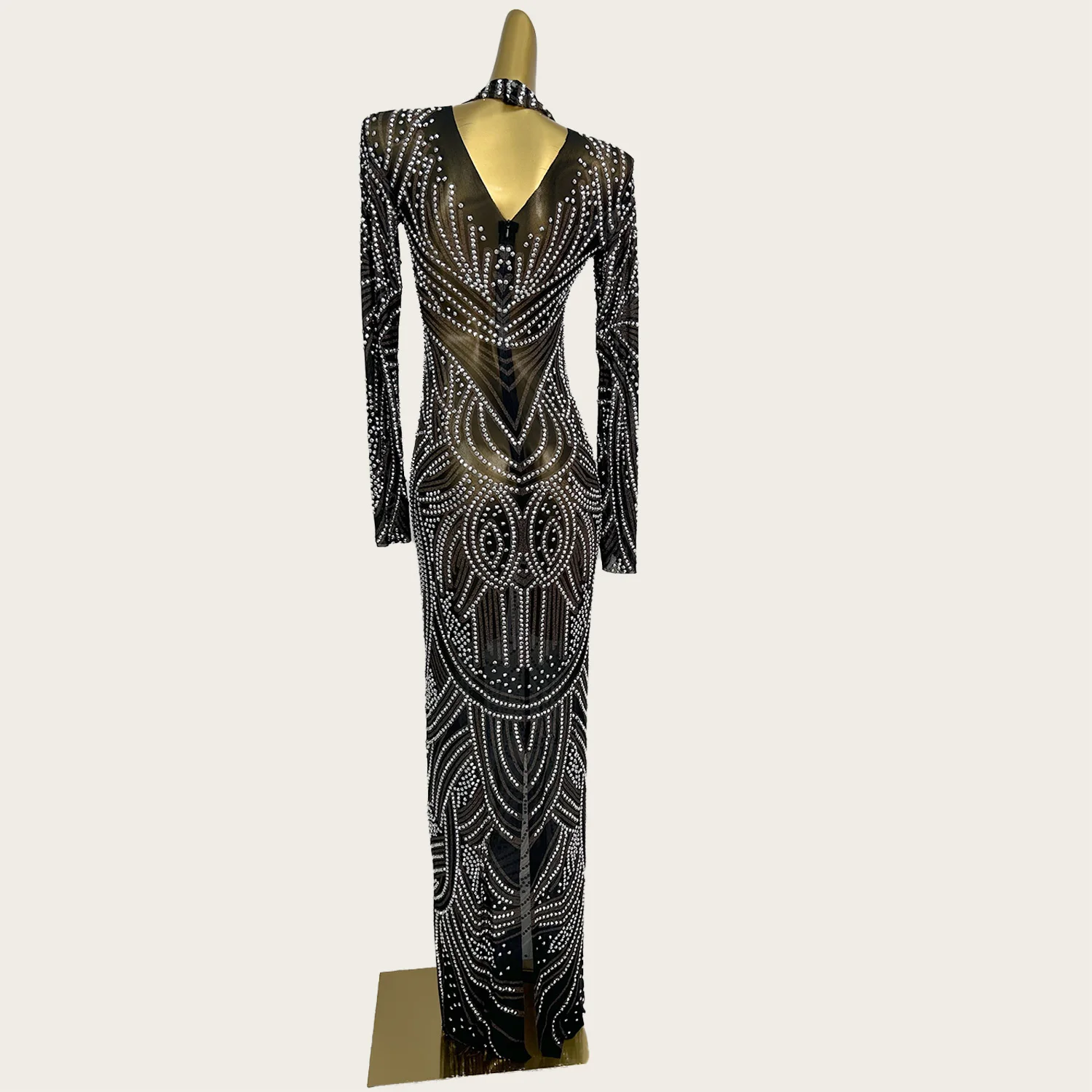 Czarna Przezroczysta Sukienka Wieczorowa z Siateczki, Galowa, Zdobiona Błyszczącymi Cyrkoniami, Długi Rękaw, Sukienka na Imprezę, Bal, Elegancka, Seksowna Długa Sukienka Damska Huayuan