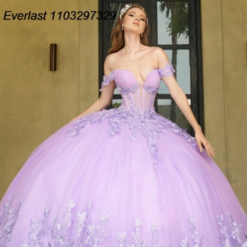 EVLAST فستان Quinceanera وردي أرجواني مخصص فستان حفلة ثلاثية الأبعاد مزين بالدانتيل على شكل زهرة مطرز حلو 16 فيستدوس دي 15 أنوس TQD764