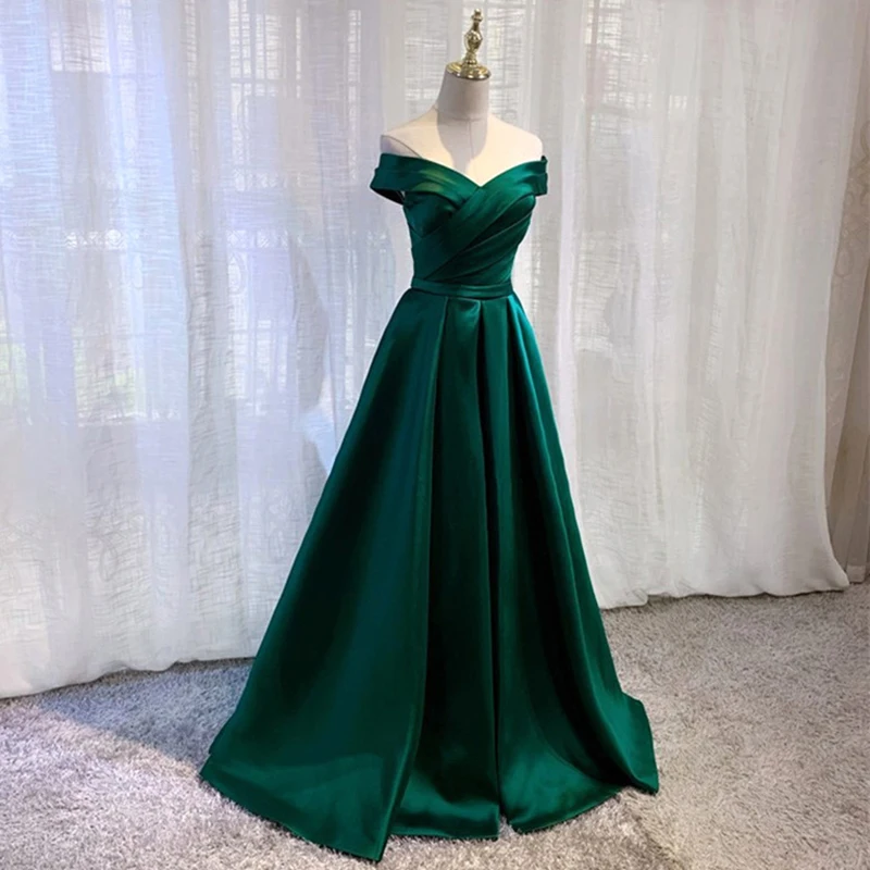 Green Gorgeous Satin Formal Evening Dresses Beautiful Off Shoulder Pleated Elegant Prom Gowns Long Party Dress Robe De Soiree