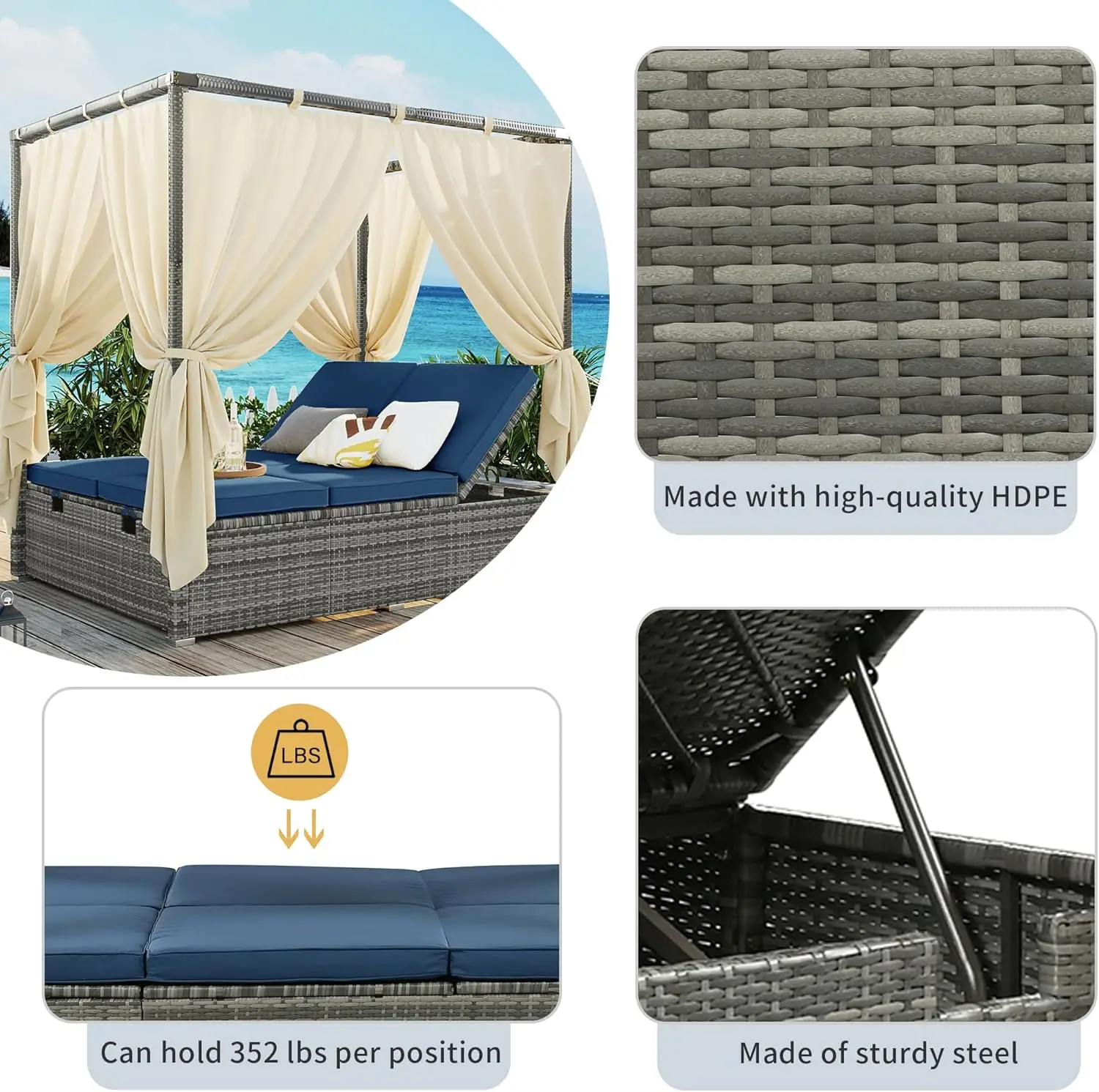 Outdoor Canopy Bed, Patio PE Rattan Outdoor Chaise Lounge Daybed with Adjustable Seats, Outdoor Sunbed