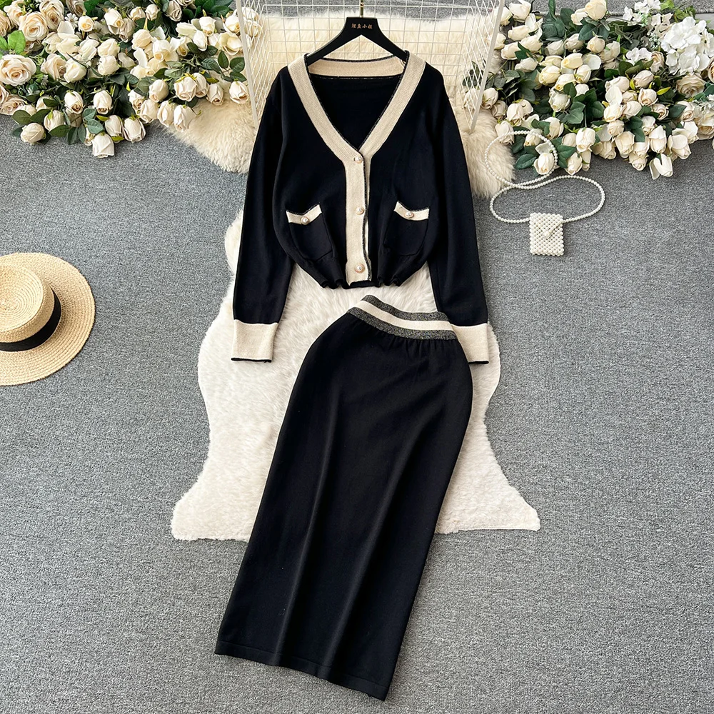 Croysier Matching Co Ord Outfit Women Faux Pearl Buttoned Cardigan And High Waist Skirts Sets Elegant Casual Knit Two Piece Set