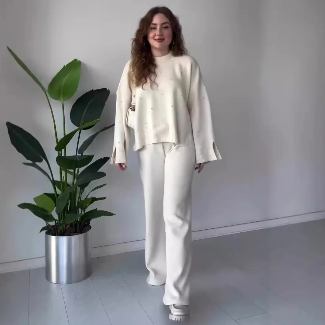 Zwei Stück Set Frauen Hose Sets Pullover Rundhals Volle Hülse Pullover Diamant Midi Taille Lange Hosen Herbst Splice Casual Anzüge