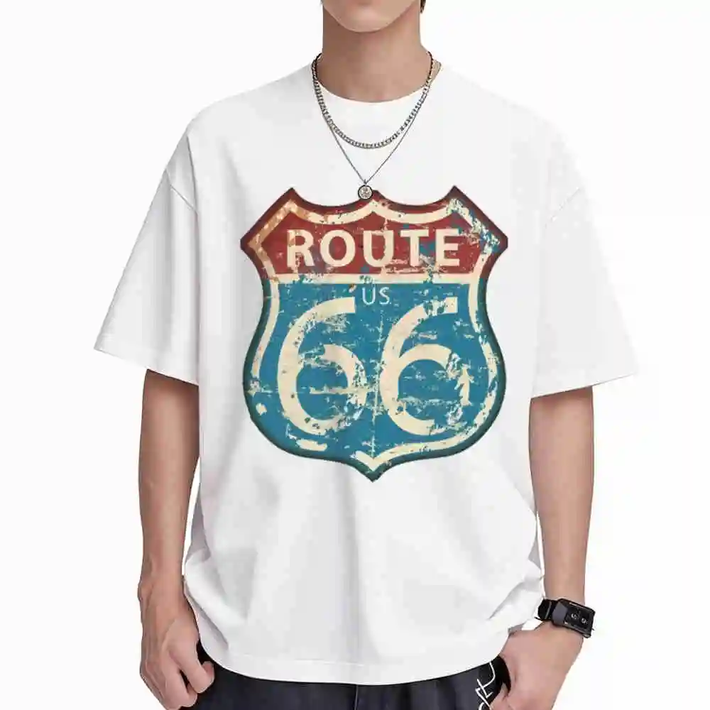 Vintage Route 66 Sign Print Distressed Short Sleeve Tee 100% Cotton T-Shirt