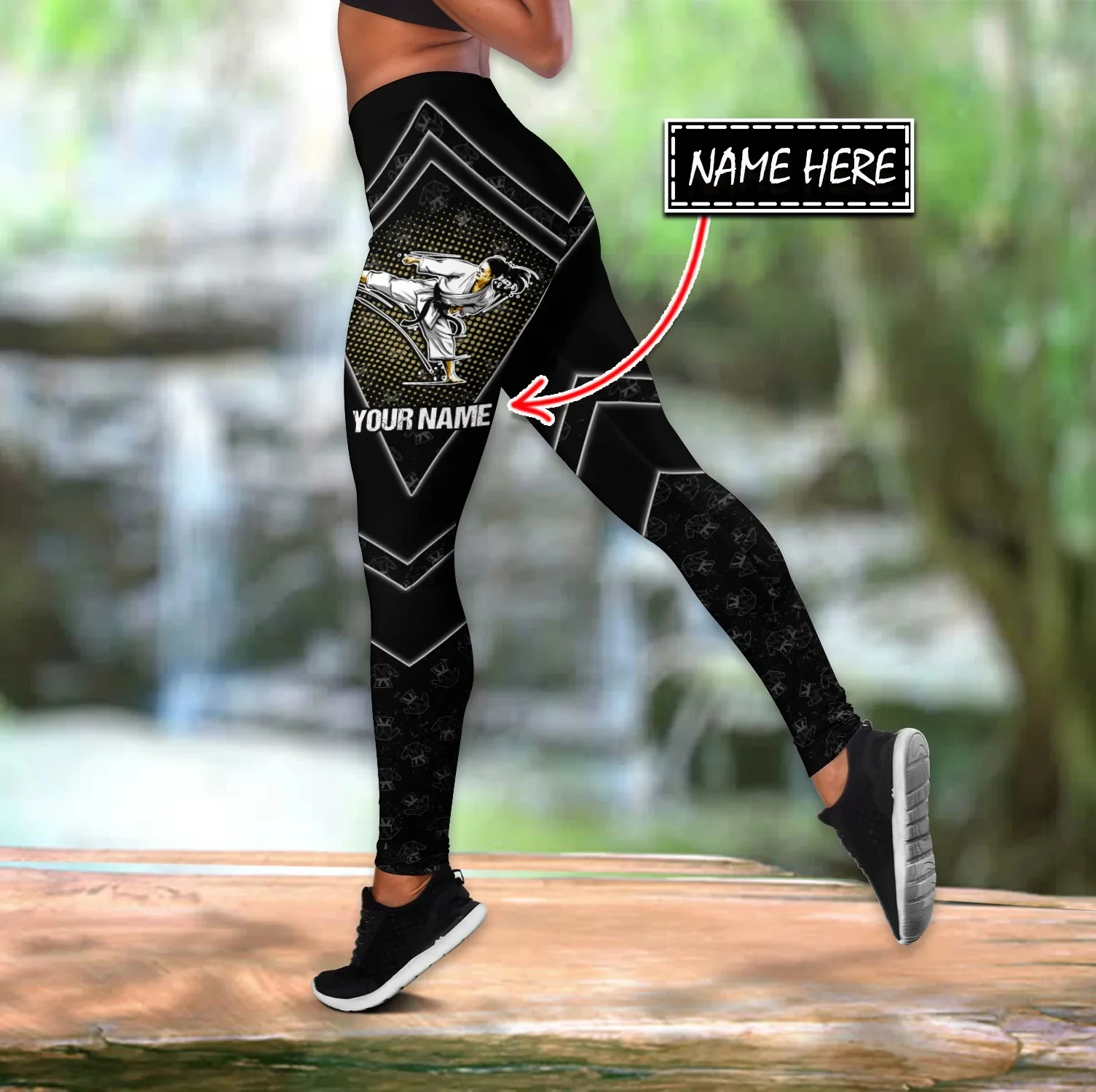 Personalize o nome karate 3d impresso oco tanque superior & leggings conjunto de fitness feminino leggings de comprimento total yoga correndo calças ddk112