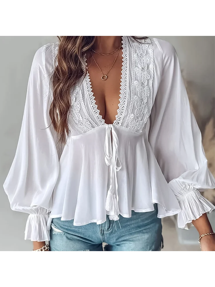 

Французские кружевные топы с v-образным вырезом и длинными рукавами, женские шикарные дизайнерские короткие топы, осенние женские блузки