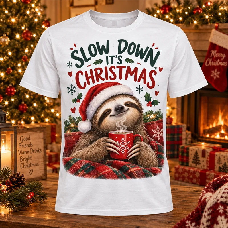 Funny Christmas Animal 3D Print T Shirt Men Women Cat Dog Sloth Snowman Cow Penguin Reindeer Gingerbread Santa Short Sleeve Tee