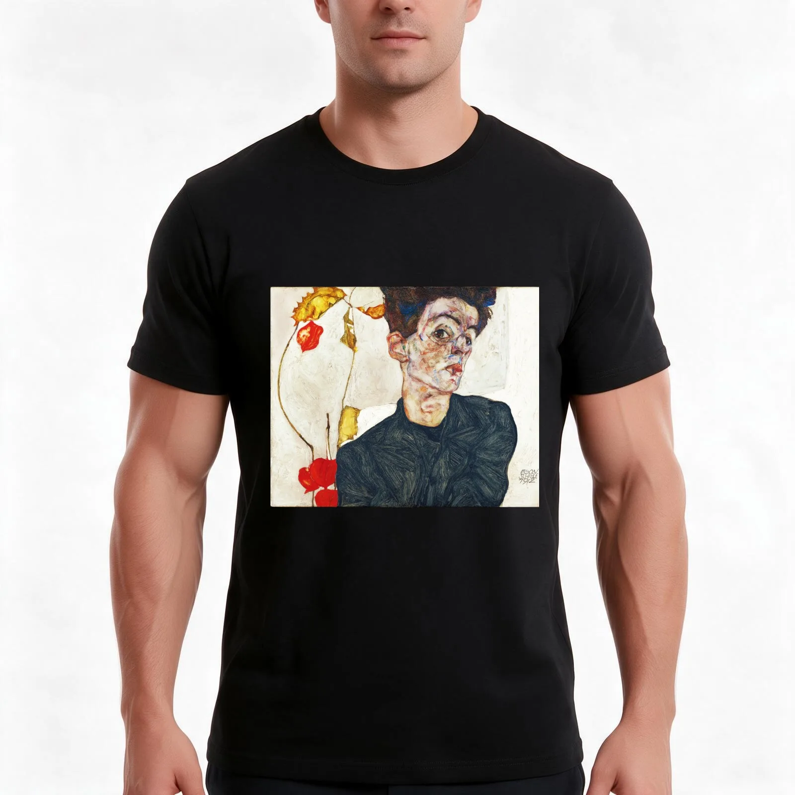 HD Self Portrait with Physalis by Egon Schiele 1914 HIGH DEFINITION T-Shirt, Summer Casual Cotton Tee, Oversized Streetwear Tops