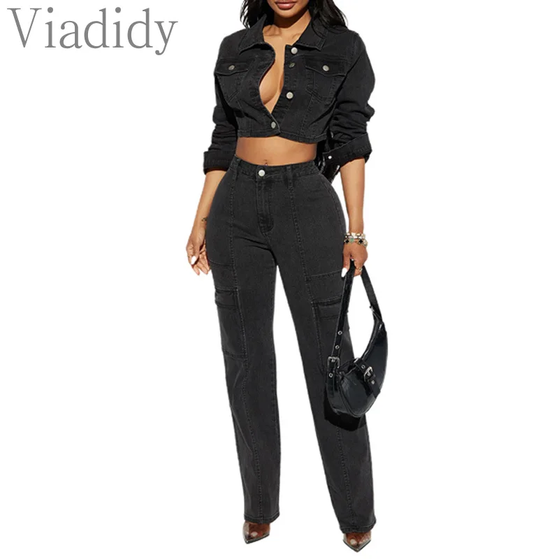 Women Casual Denim Button Front Long Sleeve Turn Down Collar Top and High Waist Pants 2pcs Set