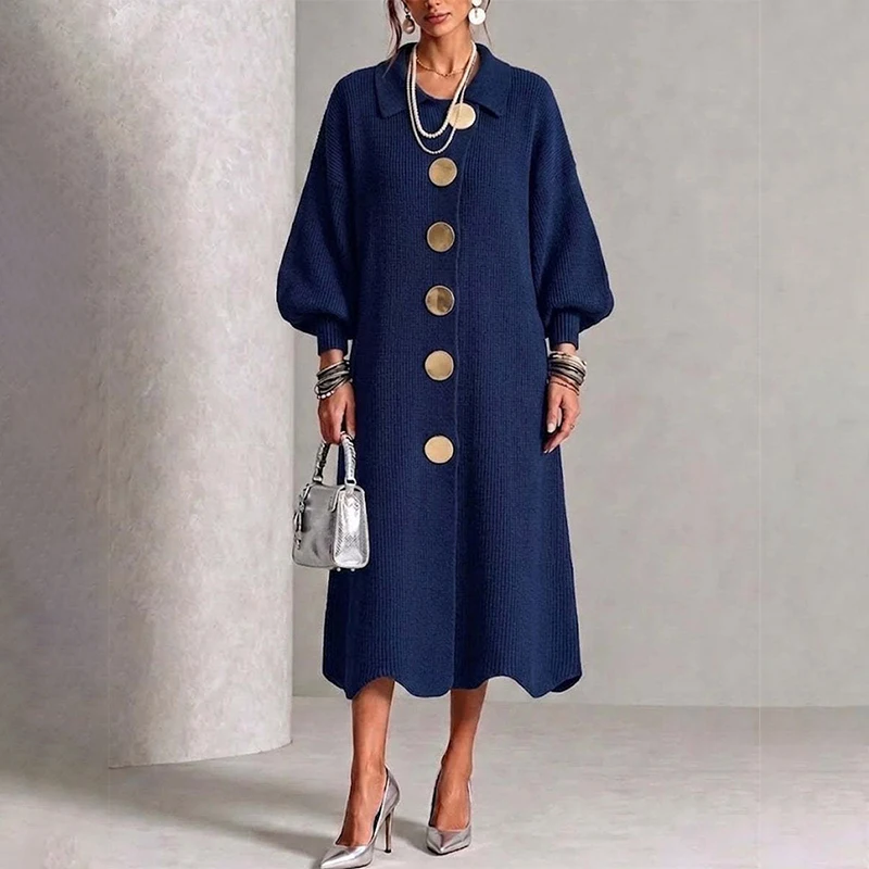 Women Solid Knit Cardigan Dress Lapel Collar Puff Lantern Sleeve Big Button Front Maxi Dress New Winter Open Front Sweater Dress
