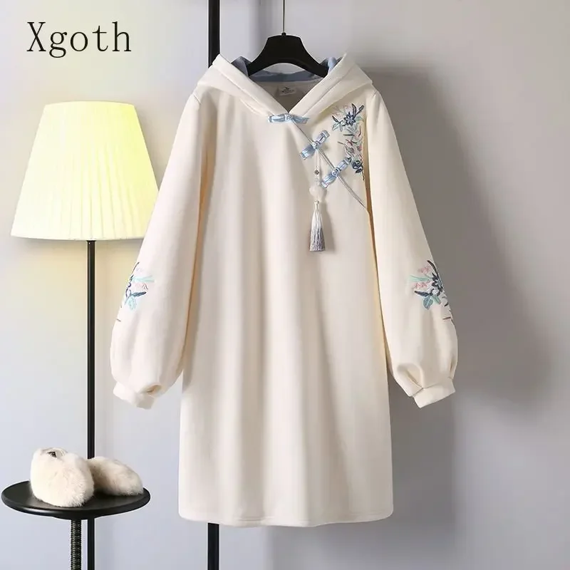 Xgoth Women's Autumn Winter Long Sweatshirt Dress 2023 High Street Chinese Style Hanfu Improvement Embroidery Patchwork Hoodies