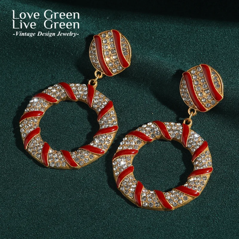 

Vintage Red Large Earrings Dangle Enamel Drop Luxury Jewelry Rhinestone Gold Color Accessories Women High Quality 2025 Christmas