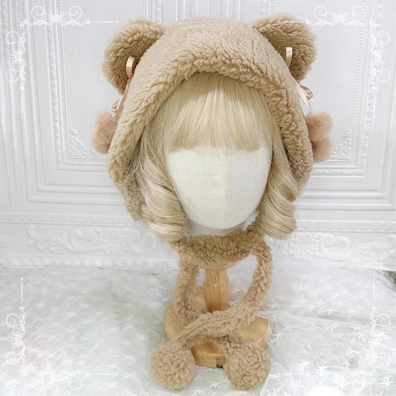Original Cute Bear Ears Lamb Plush Hat Warm Weaving Japanese Girl Heart Parent Child JK Lolita Student Hat