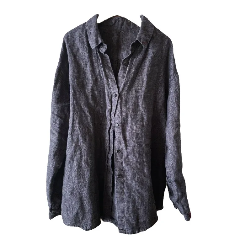 Women New Arrival Retro Linen  Lapel Shirts Female Hand Sewn Plaid Contrast Applique Loose Casual Long Sleeve Blouses and Tops