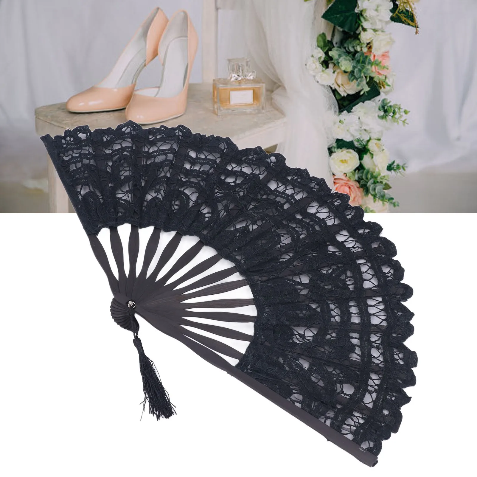 Folding Fan Hallow Lace Bamboo Bones Vintage Style Hand Fan With Tassel For Performance Clothes Decoration Gift