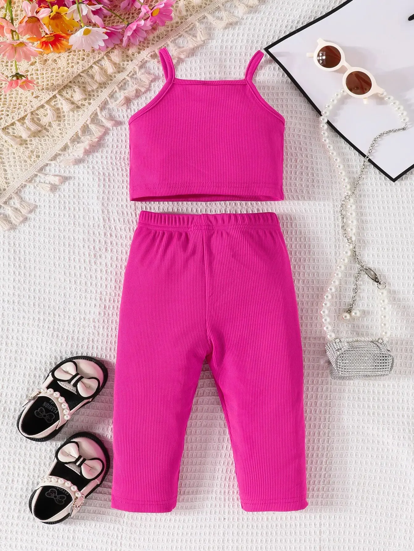 Summer 2-Piece Baby Girls New Fashion Casual Solid Color Suspenders + Trousers Comfortable Breathable Cute Outdoor Baby Set