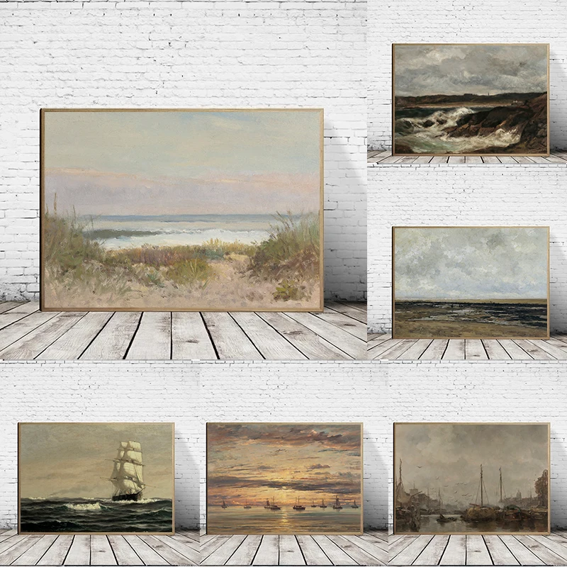 Vintage Rustic Coastal Beach Ocean Landscape Pirate Ship Neutral Painting Canvas Poster Wall Art Pictures Home Bedroom Decor