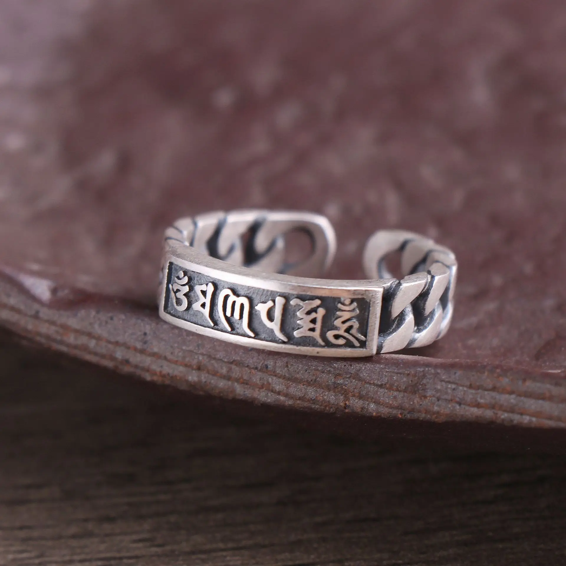 Pure silver 990 twist braided sterling silver ring Tibetan six-character mantra Vajra man and woman retro open ring