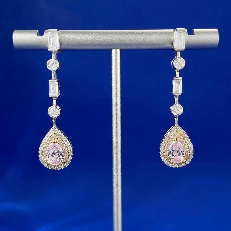 2024 new S925 pure silver temperament daily versatile water drop style 5 * 7mm pear shaped pink diamond earrings for women