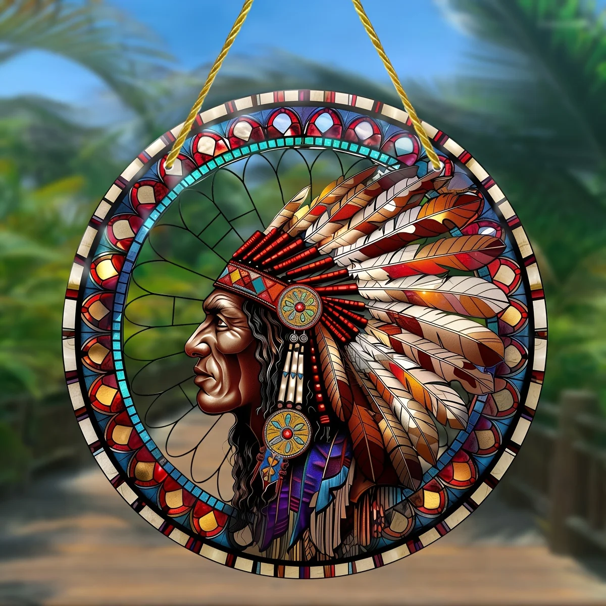 Ancient Maya Themed Stained Glass Style Suncatcher,Acrylic Round Hanging Decoration for All Seasons,Window,Home,Garden Decor