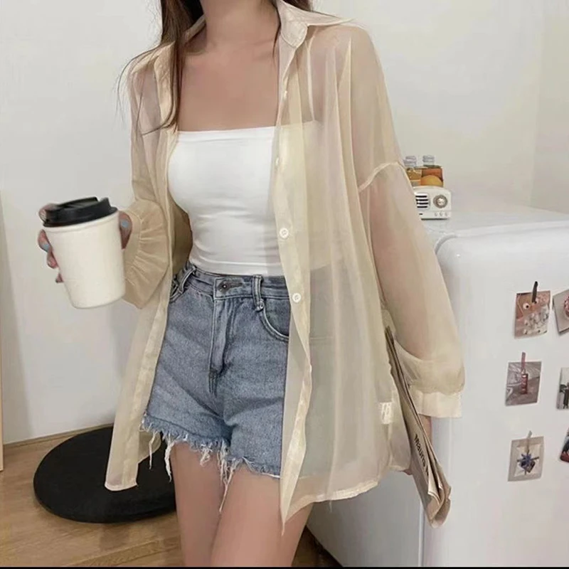 White Chiffon Sun Proof Blouse Women Fashion Loose Long Sleeve Casual Thin Shirt Simple Solid Summer All Match Elegant Tops