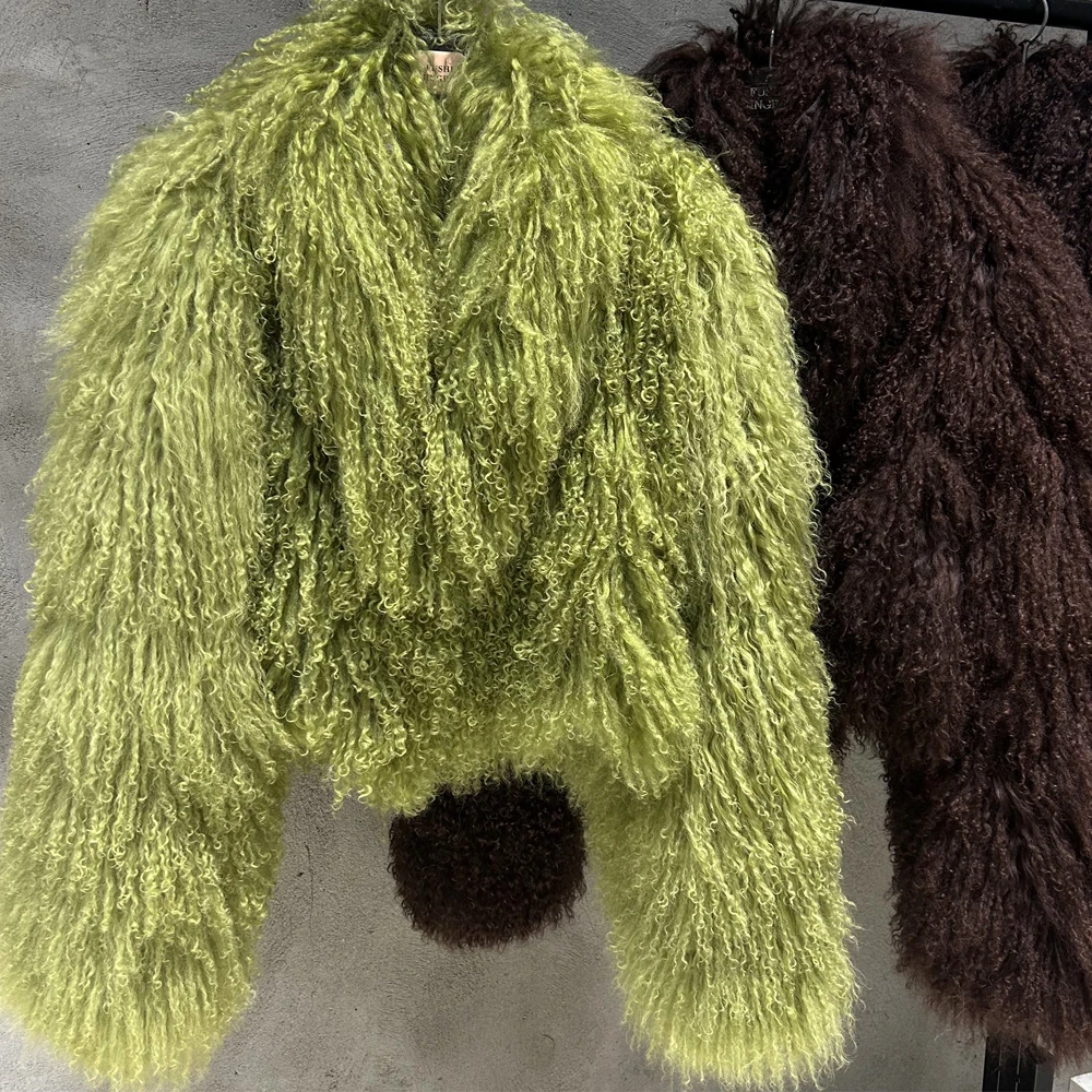 Abrigo de piel de oveja mongol verde oliva para mujer, tela de piel auténtica cálida para invierno, ropa de piel de oveja Natural 2024