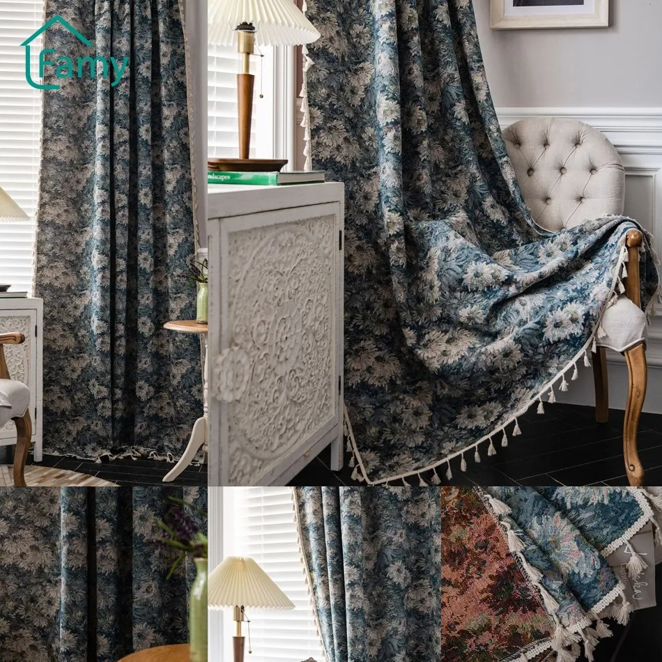 

Living Room Curtains Kitchen Window Half Blackout American Country Tassel Blue Floral Finished Drapes Curtain Cotinas De Sala