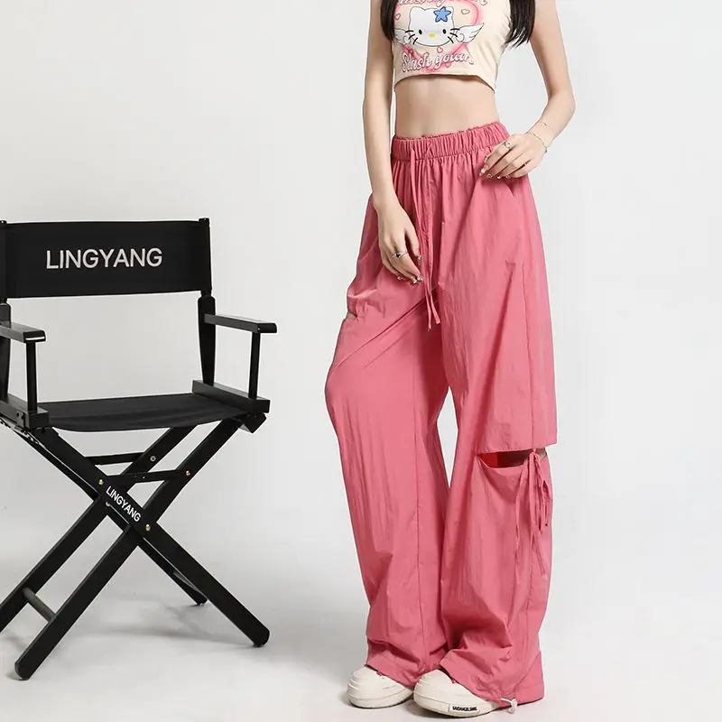 

Women's Cargo Pants Straight Leg Ice Silk Loose Pink Baggy Summer Female Trousers Vintage High Quality Slacks Classic Clothing G