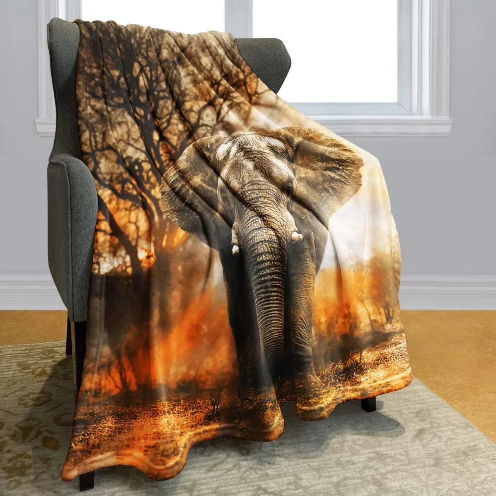 Orange African Elephant Blanket Soft Fluffy Fleece Throw for Women