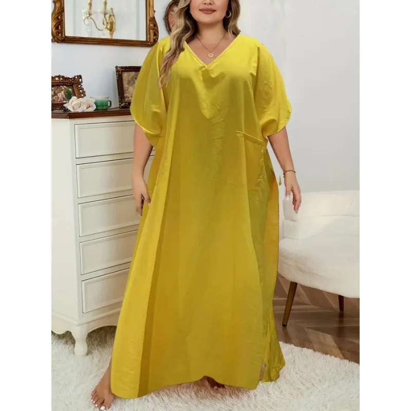 

Plus Size New Women's All Seasons Fashionable Solid Color V-neck Short Sleeve Dress Women Loose Fit Suitable Breathable Dress