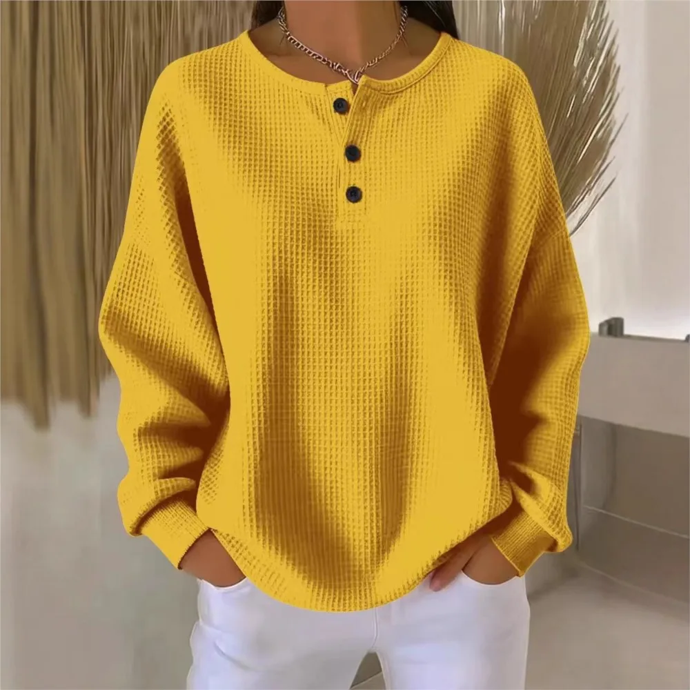 

2025 Womens Autumn Winter Fashion Pullover Casual Loose Long Sleeve Tops Versatile O Neck Waffle Knit Sweater