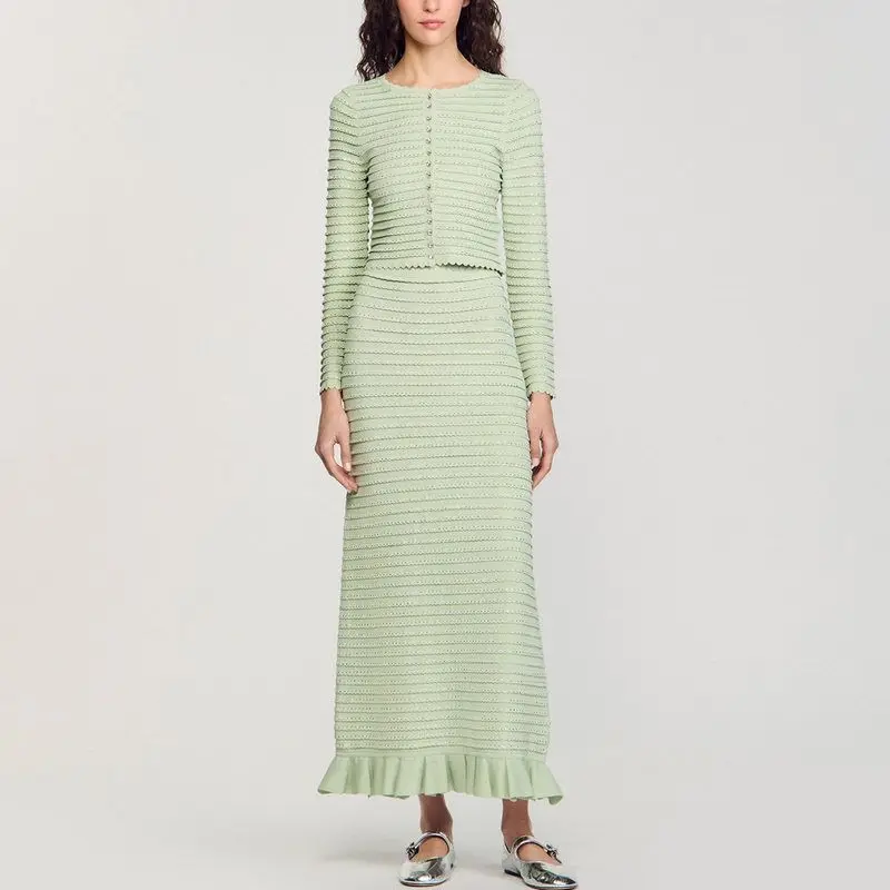 Ultra Heavyweight Beaded Knit Two-Piece Set Sparkling Quality Fashion Elegant Lady's Dress Suit Long Sleeve Spring Collection