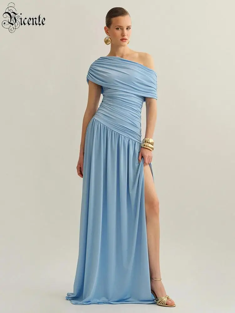 

VC Женское светло-голубое платье макси на одно плечо – элегантное вечернее платье с высоким разрезом и рюшами, торжественное платье для свадебного гостя