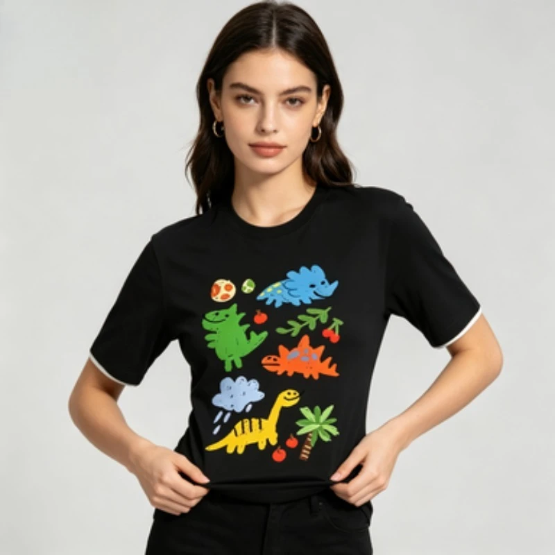 Women Modal T‑Shirt Cute Hand‑Painted Dinosaur Cartoon Graphic Print Doodle‑Style Animal‑Inspired Standard‑Fit Casual Comfort