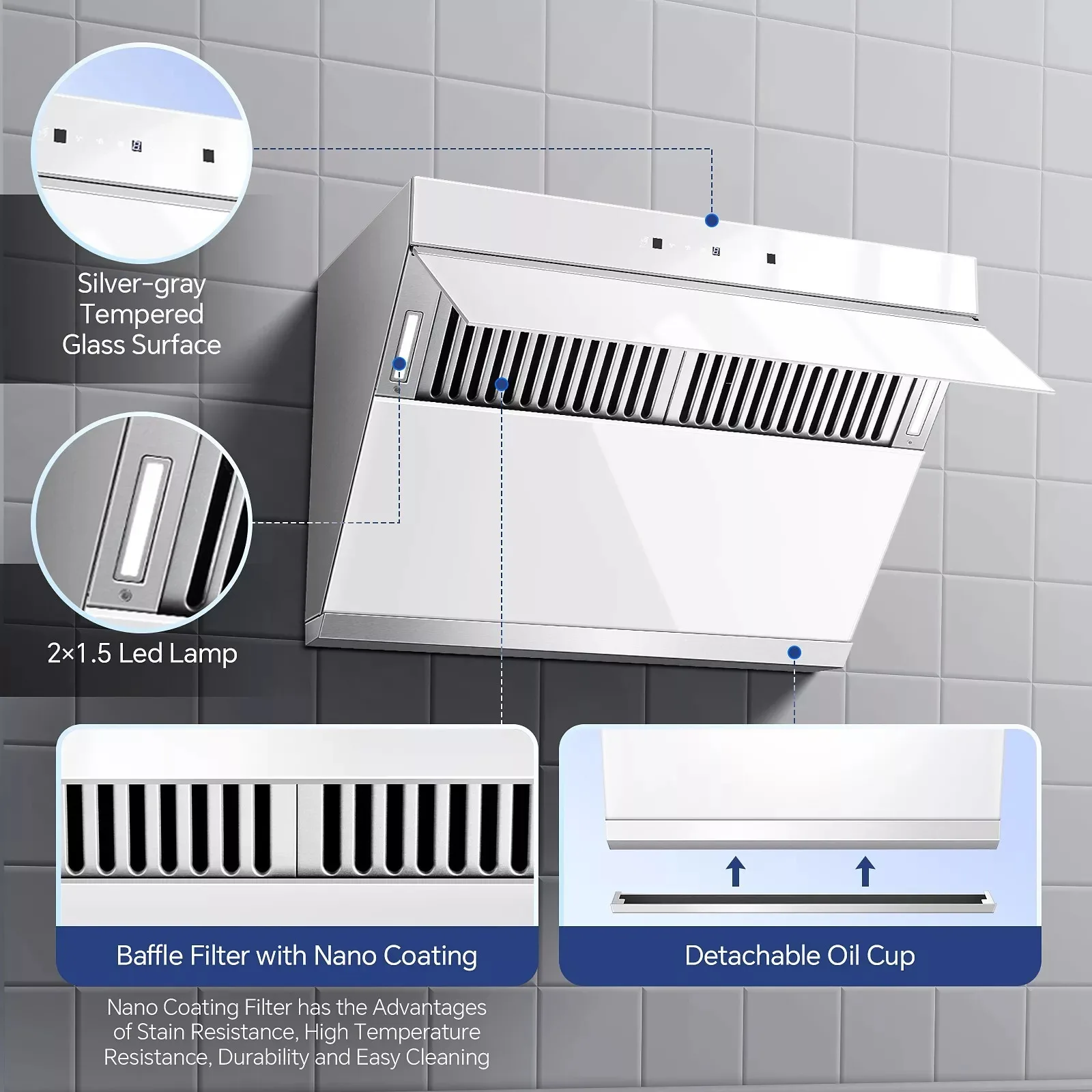 Tieasy 30 inch Electric Clean 900CFM Stainless 3-Speed Exhaust with Filter Silver Wall Mount Range Hood