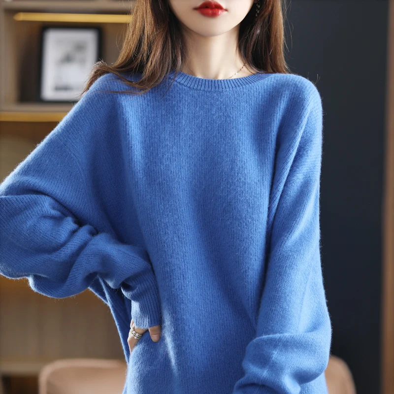 Plus Size Knit Jumper Women\'s Round Neck Sweater 100% Pure Australian Wool Warm And Soft Cashmere Loose Pullover For Winter Top