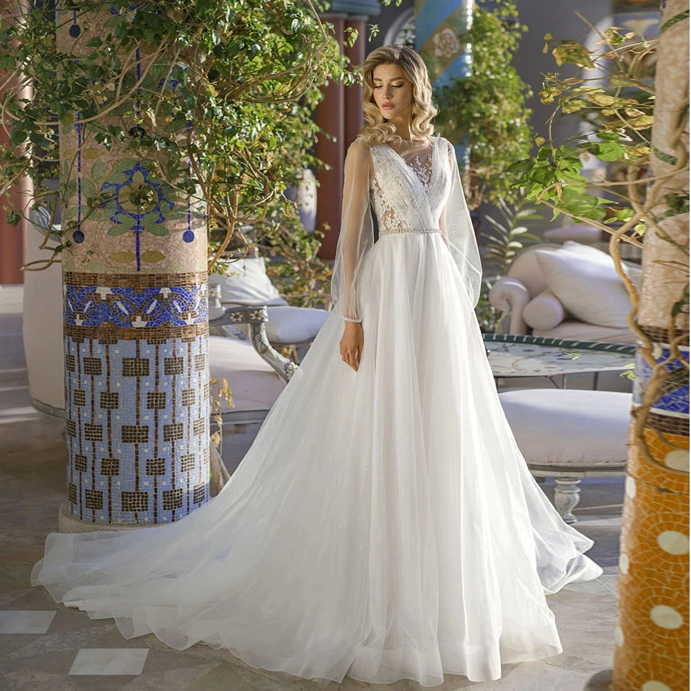 

Modern Strapless Wedding Dresses Full Sleeve Ivory Lace Bridal Gowns Court Train Vestido De Novia Exquisite New Robe De Summer