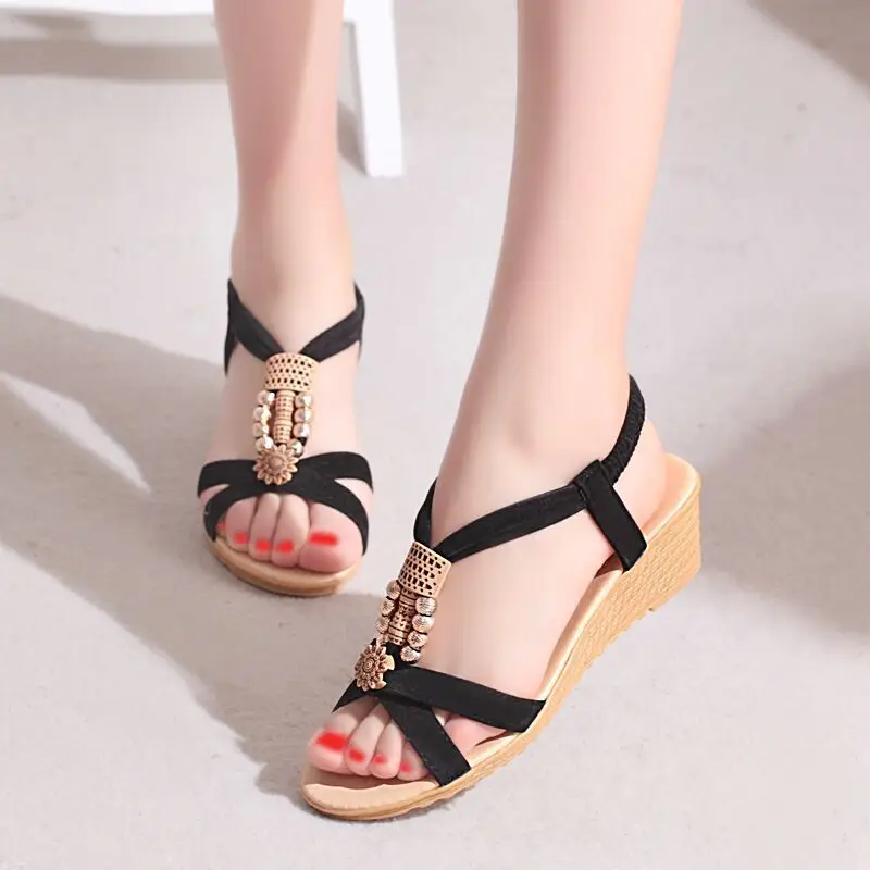 2024 New High Quality Bohemian Women's Sandals Beaded Mid Heel Open Toe Slope Heel Flat Bottom Summer Luxury Casual Sandals