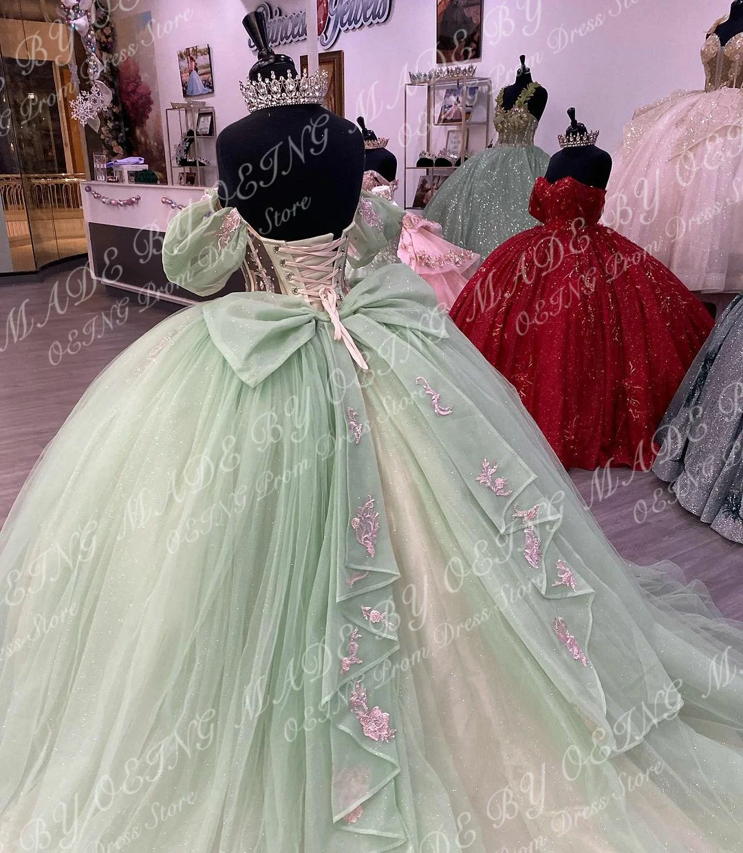 OEING Mint Quinceanera Dresses Off The Shoulder Princess Prom Dress Lace Appliques Ball Gown With Small Train Vestidos De 15