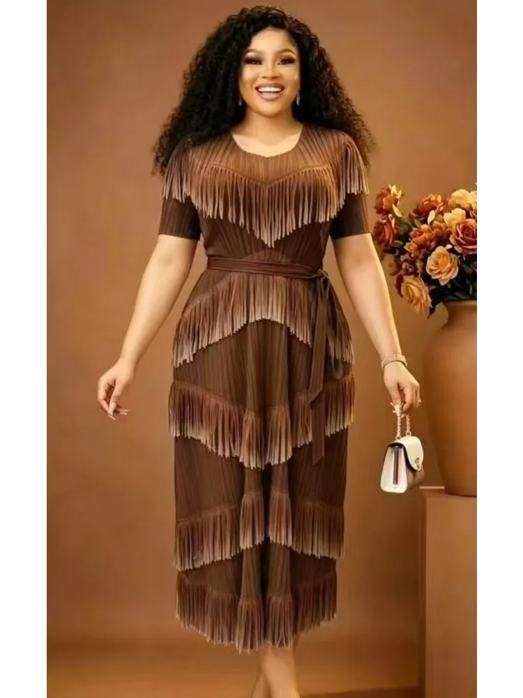 2026 New Miyake Crumpled Start Dress Summer Fashion Gradual Change Tassel Elegant Long Dress Women