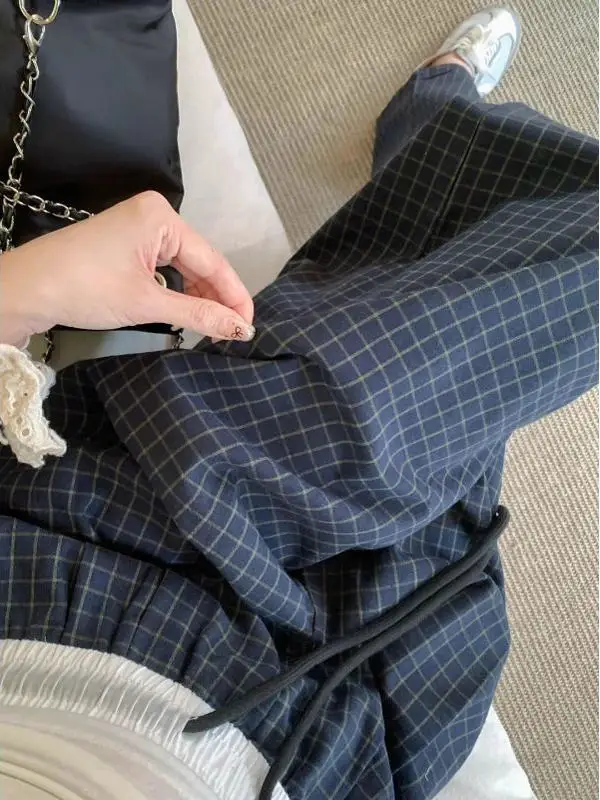 

plus Size 300 Pou American Retro Plaid Casual Pants Men's Summer Thin Loose Drape Straight Leg Wide Leg Pants