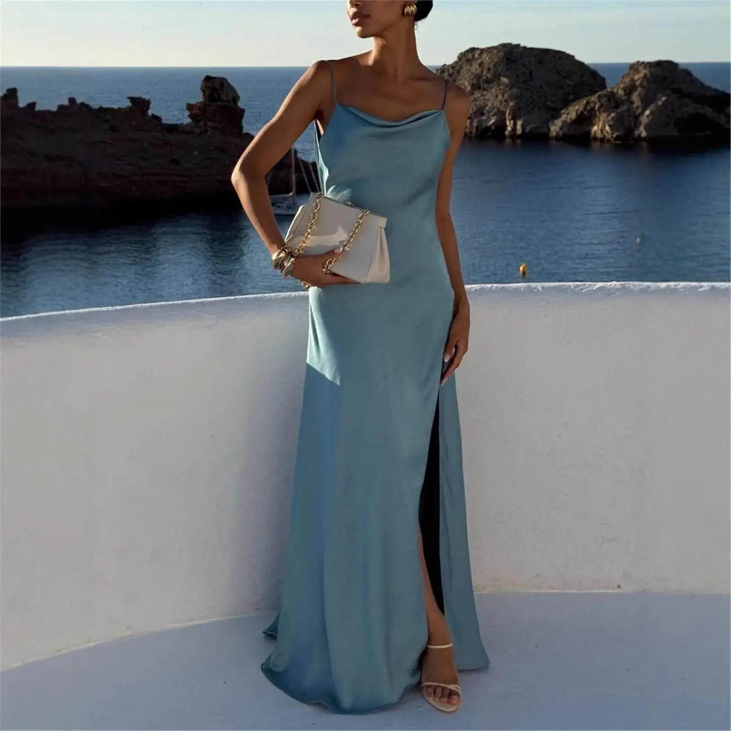 

Длинное приталенное платье-комбинация с поясом и цветными вставками для женщин среднего возраста, без бретелек, без бренда