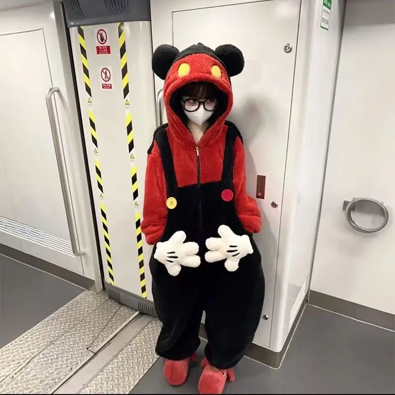 

Коралловый комбинезон с Микки Диснеем из мультфильма, зимний плюшевый толстый милый цельный домашний наряд с капюшоном