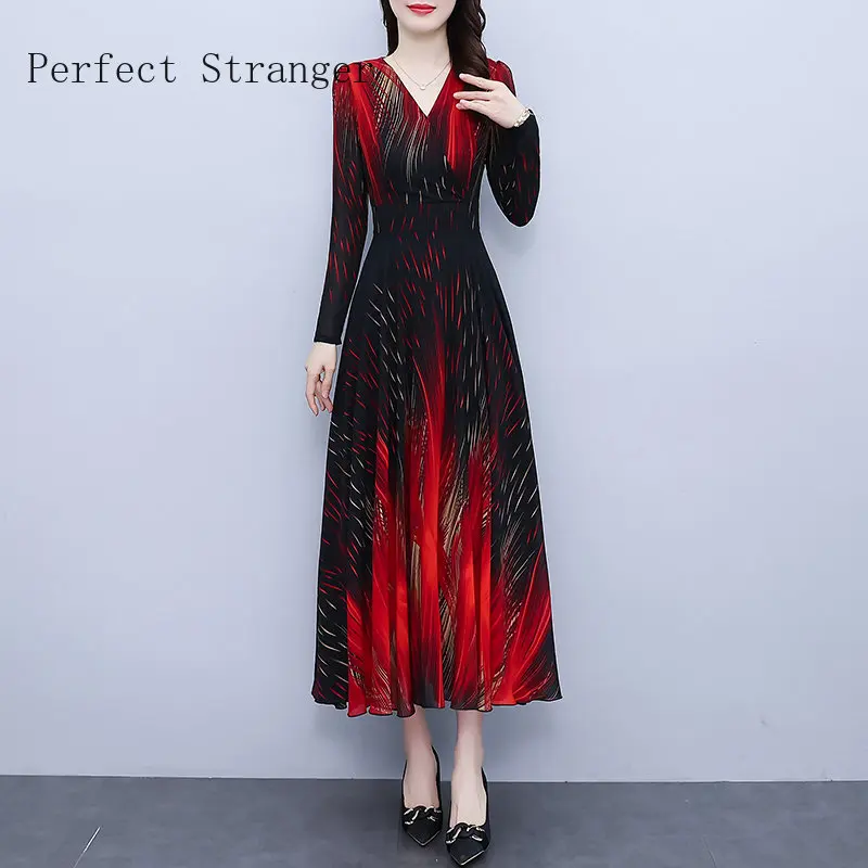 2022 Autumn New Arrival Hot Sale V Collar Long Sleeve  Vestidos Femininos Frete Grátis Long Sleeve Women Chiffon Long Dress 5XL