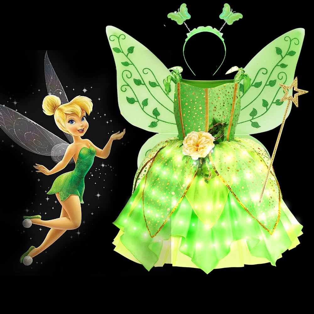 

Disney Fairy Tinker Bell Costume For Kids Girl 2024 LED Light Up Flower Gowns Children Cosplay Outfit Birthday Carnival Party