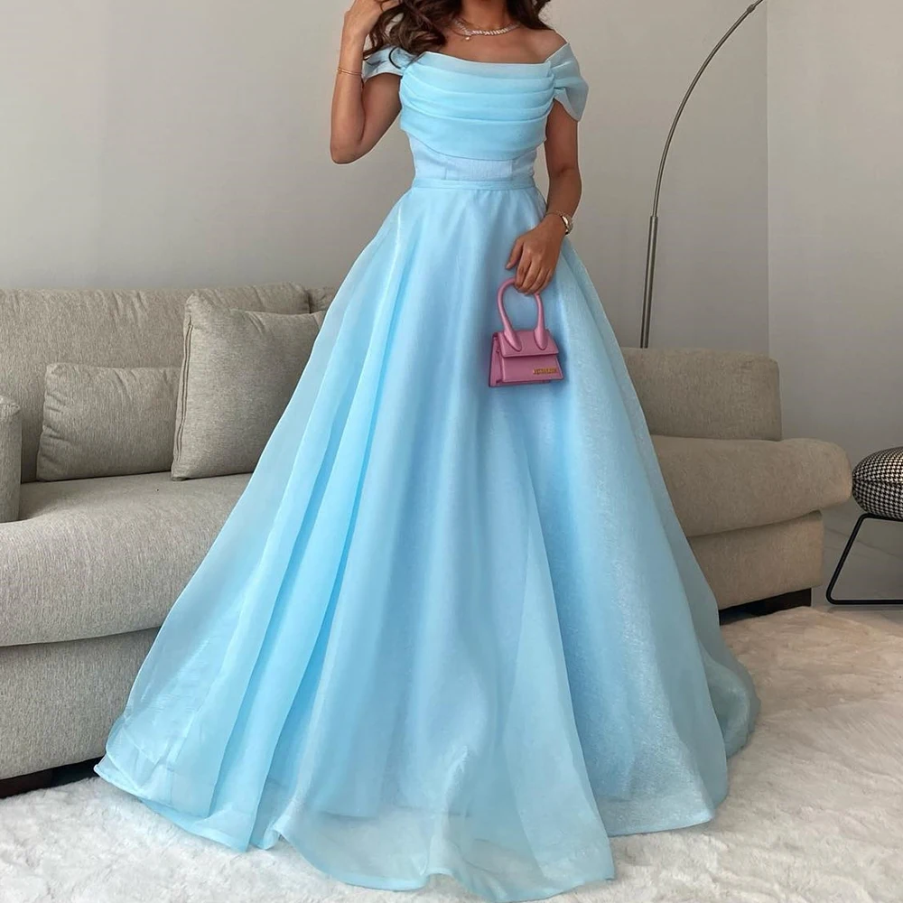 

Dubai Evening Caftan Dress Blue Short Sleeves Organza A-Line Off the Shoulder Floor Length Pleats Sweep Train Party Gowns 2024