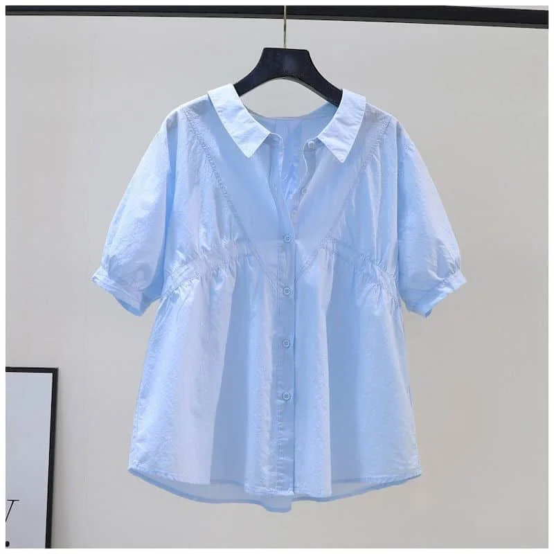 

Solid Shirts Women Summer Vintage Harajuku Cotton Polo-neck Loose Short Sleeve Single Breasted Korean Style Blouse Women Tops